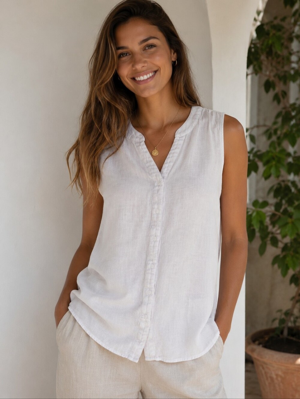Weatherproof Vintage Women’s White Linen Blend Sleeveless Button Front Top M/M